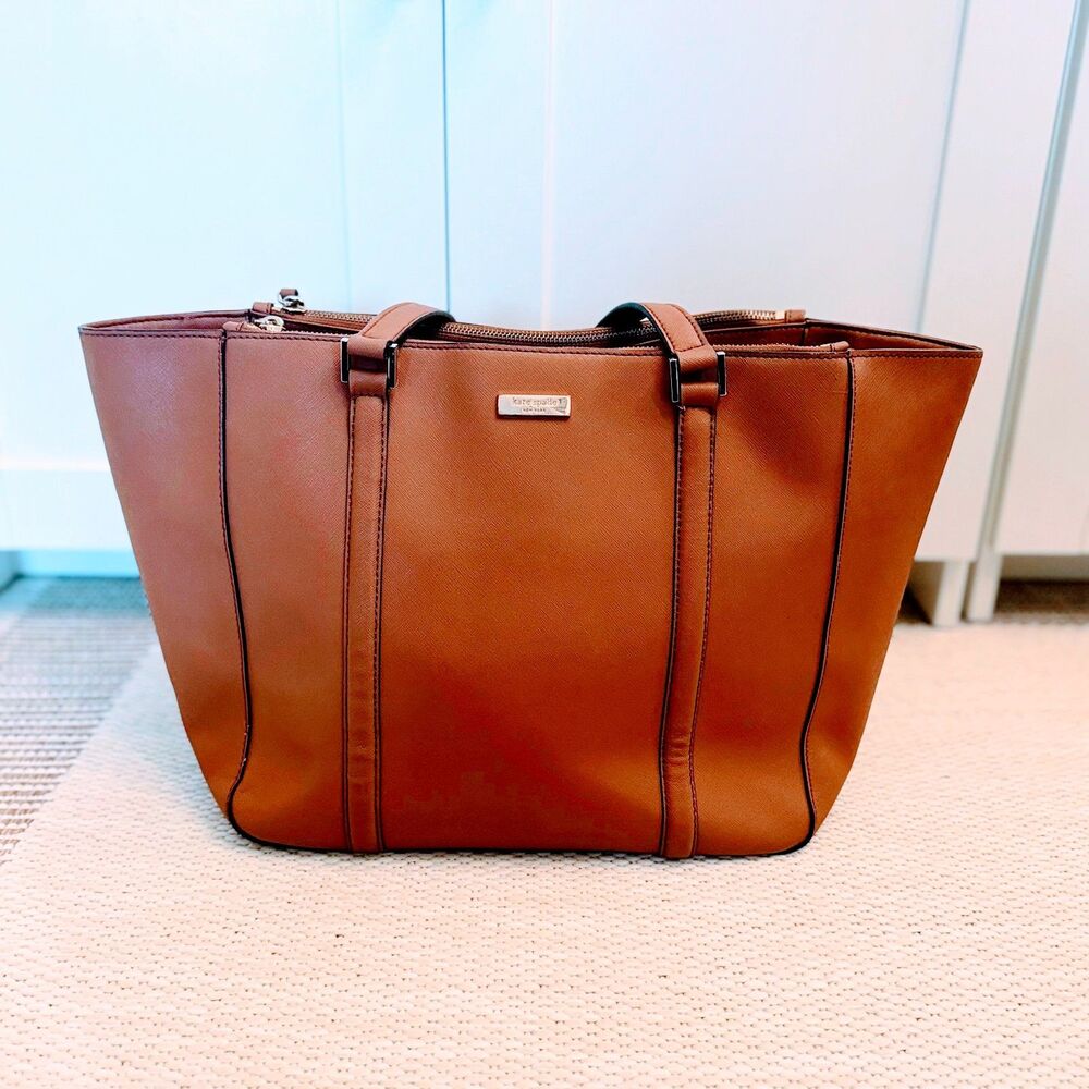 Kate Spade New York Large Saffiano Leather Tote Bag Cognac Brown Zip Top
